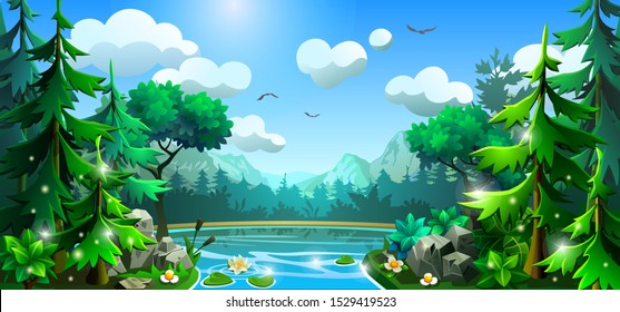 Summer forest with a river and trees. Vector illustration.