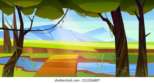 Summer forest with river, wooden bridge and mountains on horizon. Vector cartoon illustration of jungle landscape with trees, lianas, brook, green valley and rocks