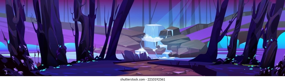 Summer forest with road, trees and cascade waterfall at night. Magic forest panorama, dark woods landscape with waterfall, stones, path, grass and bushes in moonlight, vector cartoon illustration