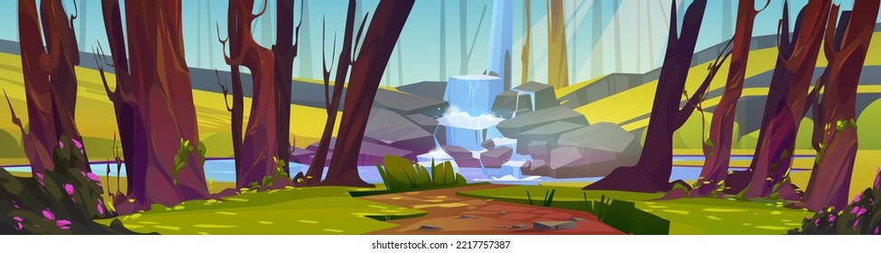 Summer forest scene with cascade waterfall, trees, green grass and bushes with flowers. Woods landscape with water stream flow on stones and path on glade, vector cartoon illustration