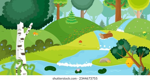 Sommerwaldlandschaft. Naturlandschaft. Hill, Baum, Fluss. Grasansicht. Grünes Tal. Wellenfluss. Blumenstrauß im Freien. Wassertropfen. Dichter Wald. Terrain Art. Naturteich. Vektorgrafik