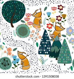 Summer forest seamless pattern background with a fox