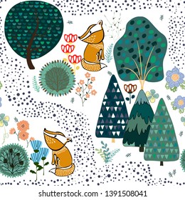 Summer forest seamless pattern background with a fox