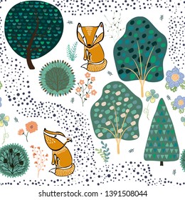 Summer forest seamless pattern background with a fox
