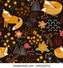 Summer forest seamless pattern background with a fox