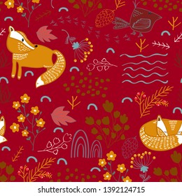 Summer forest seamless pattern background with a fox