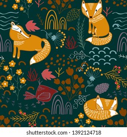 Summer forest seamless pattern background with a fox