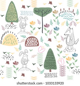Summer forest seamless pattern with cute animals
