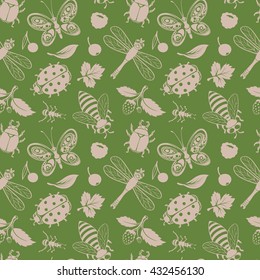 Summer Forest Seamless Pattern with Hand-drawn Insects, Leaves and Berries