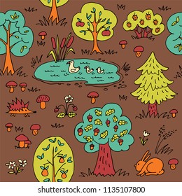 Summer forest. Seamless pattern with wild animals and trees. Hand drawn style. Design element for textile print or gift wrap.