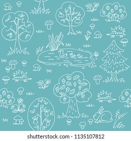 Summer forest. Seamless pattern with wild animals and trees. Hand drawn style. Design element for textile print or gift wrap.