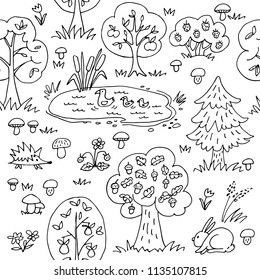 Summer forest. Seamless pattern with wild animals and trees. Hand drawn style. Design element for textile print or gift wrap.