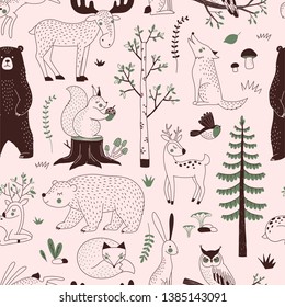 Summer Forest seamless vector pattern. Woody landscape with Bear Deer Hare Wolf Moose Fox Owl Squirrel creatures repeatable background. Woodland childish print in Scandinavian decorative style. Cute