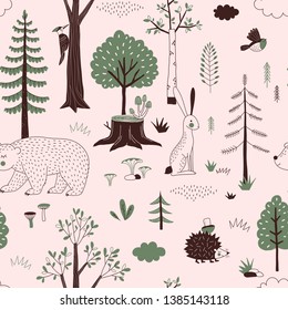 Summer Forest seamless vector pattern. Woody landscape with Hedgehog Bear Hare creatures repeatable background. Woodland childish print in Scandinavian decorative style. Cute forest animal backdrop.