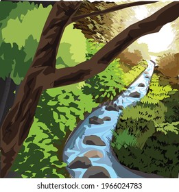 Summer of forest, the sunlight shone on the trees, shrubs and small river. Enjoy the nature can give you relaxation of mind. Vector Cartoon nature background. 