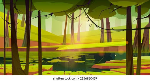 Summer forest with swamp or pond. Vector cartoon illustration of woods landscape with green grass, trees and lake with water lily leaves. Natural park or garden with river