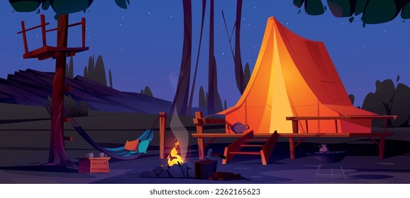 Summer forest with tent at night. Camp in mountains, glamping with campfire, hammock and tent on wooden terrace. Nature landscape with site for picnic, vector cartoon illustration