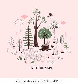 Summer Forest themed vector illustration. Woody landscape scene with cute bear graphics. Woodland childish print in Scandinavian decorative style. Cute forest tree plant bird animal poster. Into the