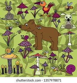 Summer forest with toadstools and mushrooms. Bear, hares and bees. Vector illustration.