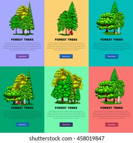 Summer Forest Tree and small animals in wild nature flora fauna. Cartoon vector set trees in outdoor park with branch, green grass foliagles and leafs landscape design plants