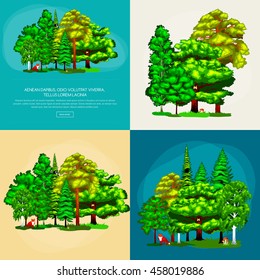 Summer Forest Tree and small animals in wild nature flora fauna. Cartoon vector set trees in outdoor park with branch, green grass foliagles and leafs landscape design plants