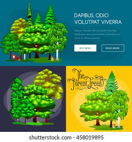 Summer Forest Tree and small animals in wild nature flora fauna. Cartoon vector set trees in outdoor park with branch, green grass foliagles and leafs landscape design plants