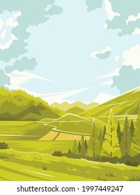 Summer in the forest. A warm summer day. Landscape of a summer forest. A beautiful landscape on a spring day. Bright colourful picture. Open spaces of nature. Vector illustration. EPS 10