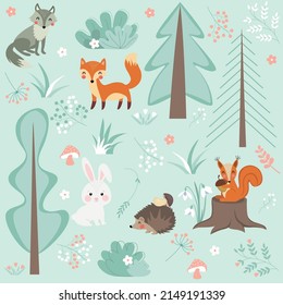 Summer forest. Wild animals in the forest. Set of plants and animals. Flowers trees fox hedgehog bunny wolf squirrel. Print.