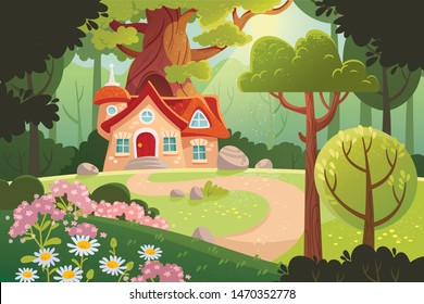 Summer forest. Woodland with cartoon house and sunlight.