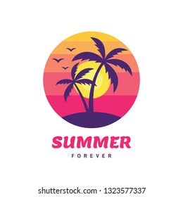 Summer forever - concept business badge vector illustration in flat style. Tropical holiday paradise creative logo. Palms, beach, sunset. Travel web banner or poster. 
