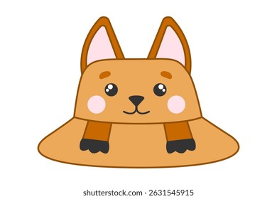 Summer fox hat, kids panama. Beach headwear accessory in cute baby design for boys and girls flat vector illustration