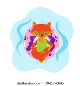 Summer fox on pool party, cute animal on donut rubber, vacation vector illustration, clipart, funny fox in swimming wear, bright character, forest wildlife. For pool party invitation, greeting card