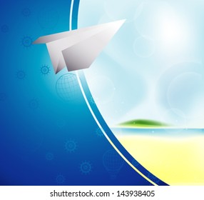 summer frame as abstract beach with paper airplane, sea, yellow sand and blue sky