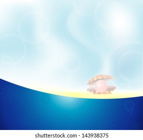 summer frame as abstract beach with pearl shell, yellow sand and blue sky
