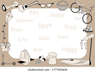 Summer frame or background for your photo or text, for your social media or blog. Attributes of summer entertainment - sport equipment, drinks and toys.