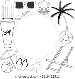 Summer Frame Beach vacation square frame template for text. Vector graphic line ink illustration. Banner, poster, wrapping paper, sticker, print, modern textile design.
