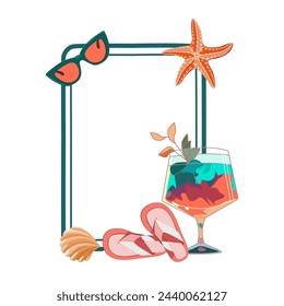 Summer frame with cocktail, flip flops and starfish with seashell vector illustration 