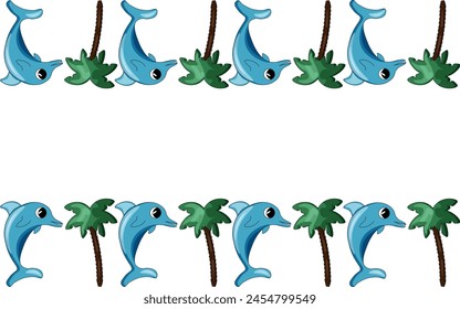 Summer Frame with cute Dolphin and Tropic Palm Tree isolated white background with Blank Field. Travel Border design with Copy Space. Y2K Vector aesthetic. Editable stroke. EPS 10