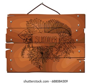 Summer Frame Design with Leaves on wooden plank background. Vector vintage card. Botanical illustration. Tropical leaves. 