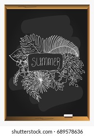 Summer Frame Design with Leaves on blackboard background. Vector vintage card. Botanical illustration. Tropical leaves. 