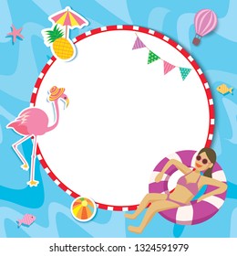 Summer frame design with swimming woman on pool background.