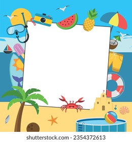 Summer Frame with Different Summer Elements and Beach Landscape - Palm Tree, Coconut, Ice Cream, Crab, Surfboard, Fruits, Shells and Others VII