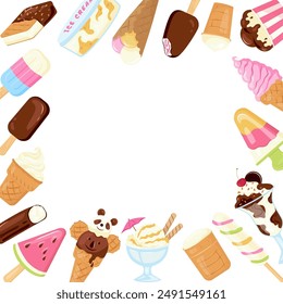 Summer frame with different ice cream. Hand drawn popsicle with sprinkling, scoop balls in cups. Colorful balls or swirls of gelato, frozen yogurt vector illustration great for card, banners, flyers