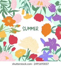 Summer frame. Different meadow flowers. poppy, chamomile and tulip. Minimal garden botanical plants. White chrysanthemum. Post or floral card design. Vector cartoon flat style isolated illustration