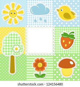 Summer frame with flower, strawberry, sun and bird on textile background