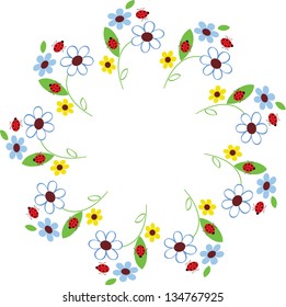 Summer frame with flowers and ladybugs
