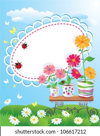 Summer frame with flowers in pots, ladybirds and butterflies