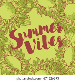 Summer frame formed beautiful sunflowers, can be used as party invitation, green colors, vector illustration