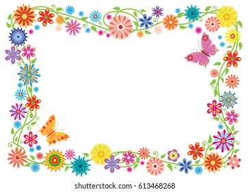 Summer frame formed of fancy flowers and butterflies. No background.