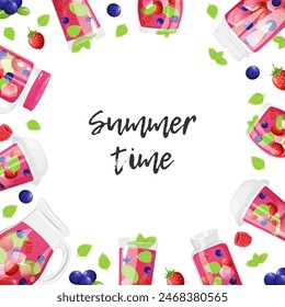 Sommerrahmen mit frischen Beeren-Getränken. Sale Banner, Poster, Karten-Vorlage. Weißer Hintergrund isolierte Vektorillustration